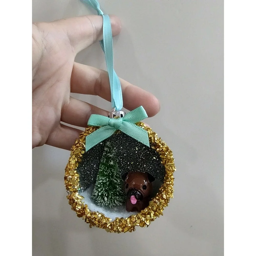 Dog Christmas Ornament Handmade Vtg Style OOAK Shatterproof Puppy Diorama O7